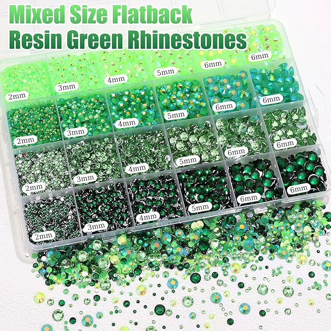 RODAKY 30000Pcs Green Rhinestone Flatback Gems for Bedazzling 2/3/4/5/6mm Resin Jelly Rhinestones 2PCS 10ml B7000 Jewelry Glue Making Kit Crystal Beads for DIY Craft Clothing Shoes