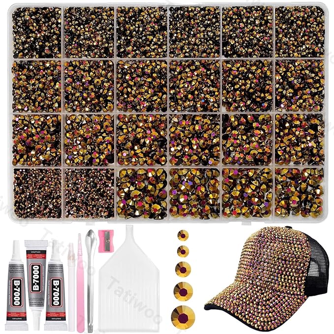 20000Pcs Gold Black Flatback Resin Rhinestones for Bedazzling, Mix Sizes 2-6mm Crystal Rhinestones Gems, Black Gold Gems Bedazzling for Crafting for DIY Face Makeup Crafts Tumblers