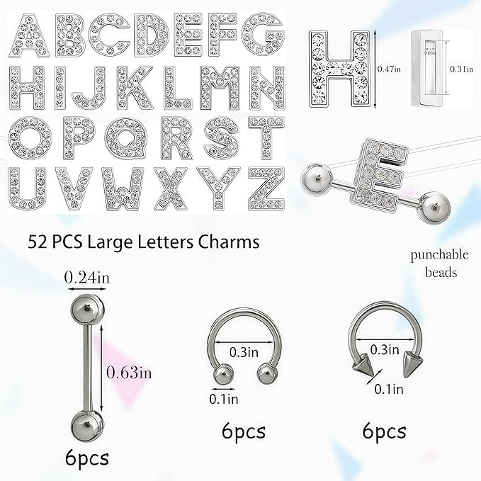 70PCS Nail Charms Alloy Sliver Large Letters Charm Piercing Nail Charms for Nails Design，3D Y2k Nail Jewels Bulk Nail Art Decor Set