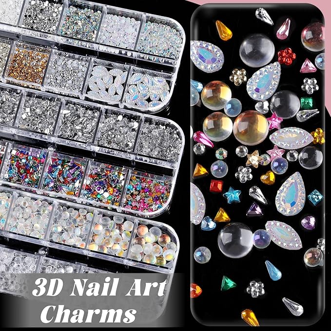 Nail Charms and Gems Set, 6 Boxes Mixed Color Rhinestones Clear Gold Silver Bead Decorations White Beige Pearls for Crafting, 30 Sheets Gold Stickers for Nails with Tweezers for Women Nail Art DIY