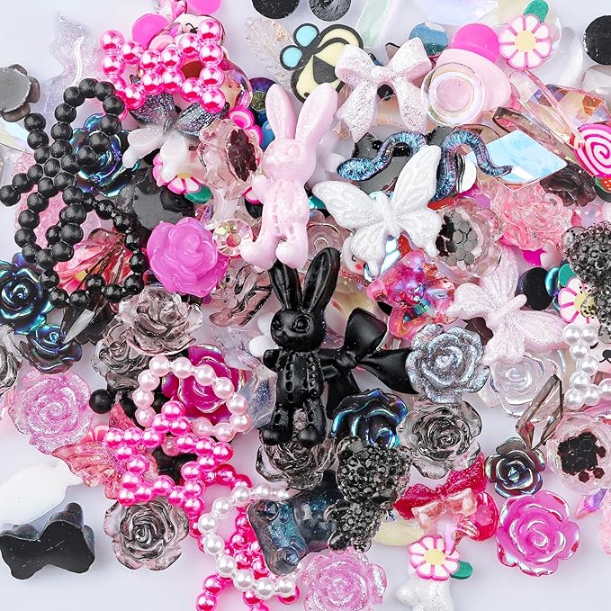 2050 Pieces 3D Butterfly Rose Flower Bow Rabbit Bear Nail Charms Kit with Nail Art Rhinestones Pearls Crystal Gems Nail Slices for Manicure DIY Crafts Jewelry Accessories (Pink Black White)