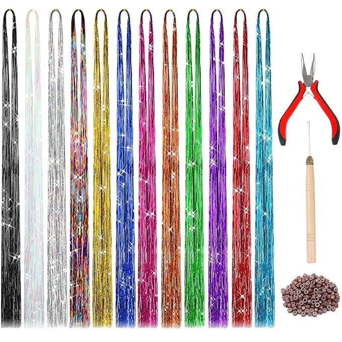 FEBSNOW 2400 Strands Christmas Tinsel Icicles, 47 Inches Glitter Mylar Foil Icicle for Christmas Tree 12 Mixed Colors Shiny Tinsel for Xmas Festival Birthday Wedding New Year Party Hanging Decoration