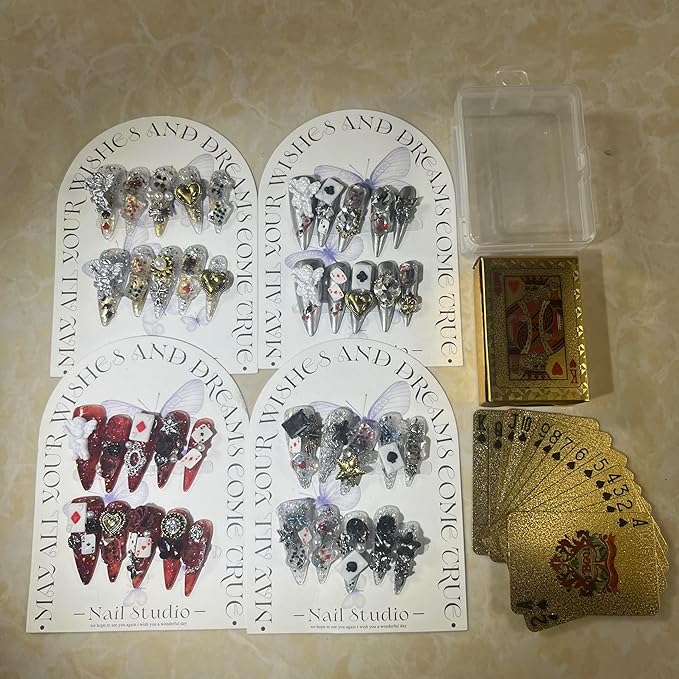 Mystery Box Random 4Pack(40Pcs) Handmade Nails Manual Press on Nails Poker Playing Pard Nails Manicure Charms Nails Art Nail Kit for Women Party Holiday Photo Wedding 30mm Long Size L
