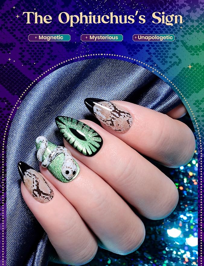 Beetles The Ophiuchus Sign Lucky Box, Ophiuchus Zodiac Gel Nail Polish Kit Nail Art Set Purple Green Gold Cat Eye Black White Gel Pink Jelly Base Top Coat Salon DIY Zodiac Gift for Women