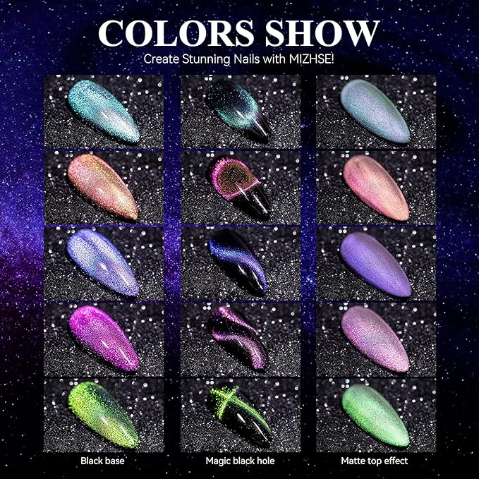 MIZHSE 60ml 9D Cat Eye Gel Nail Polish Set, Glitter Chameleon Magnetic Gel Nail Polish with Black Base Coat 2 Magnet Sticks, Galaxy Effect,Soak Off LED Nail Art Manicure Salon DIY Valentine's Gifts