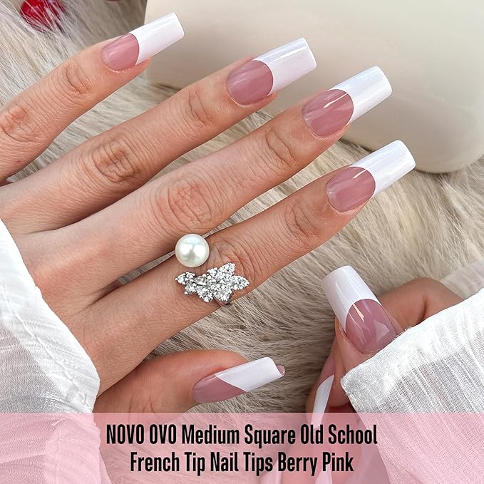 NOVO OVO Old School Wide White French Tip Nail Tips Press on, Medium Length Tapered Square BERRY PINK, Extra Thick Soft Gel Fake Acrylic Extension, Need Builder Gel, Top Coat, Glue 15 Sizes 240 pcs