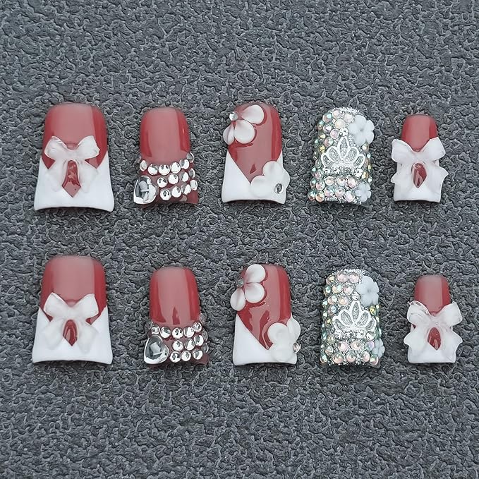 Handmade Press on Nails Short Duck 3D White French Tip with V Design 3D Bow Flower Rhinestones Charms Nude Base Elegant Sturdy Art Pink 10 Pcs False Nails Set (Soft Pink Ivory Bow,L)