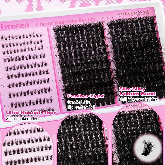 wiwoseo Fluffy Lash Clusters Kit with Bottom Lash Clusters Eyelash Extensions Kit 80D+100D Fluffy Eyelash Clusters 5-22mm Long Cluster Lashes Salon Lashes Clusters Kit with Clear Lash Bond and Seal
