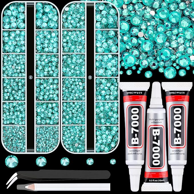 Resin Rhinestones for Crafting with B7000 Jewelry Glue, 2 Boxes Aquamarine Flatback Crystals with 3Pcs 10ml Glue for Bedazzling Crafts DIY Nail Art Makeup, Gems for Clothing Shoes