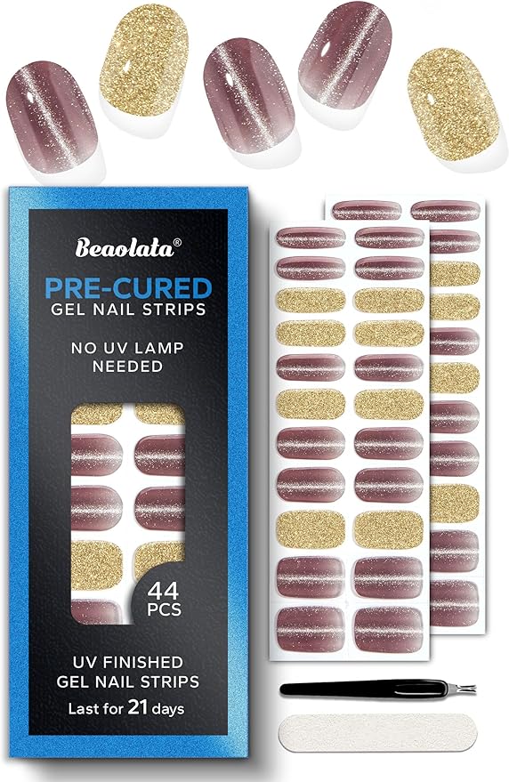 Real Gel Nail Strips (No UV Light Needed) - 44Pcs Salon Quality Nail Stickers - Long Lasting Polish Wraps for Women, Easy Apply & Remove (Gothic Purple）