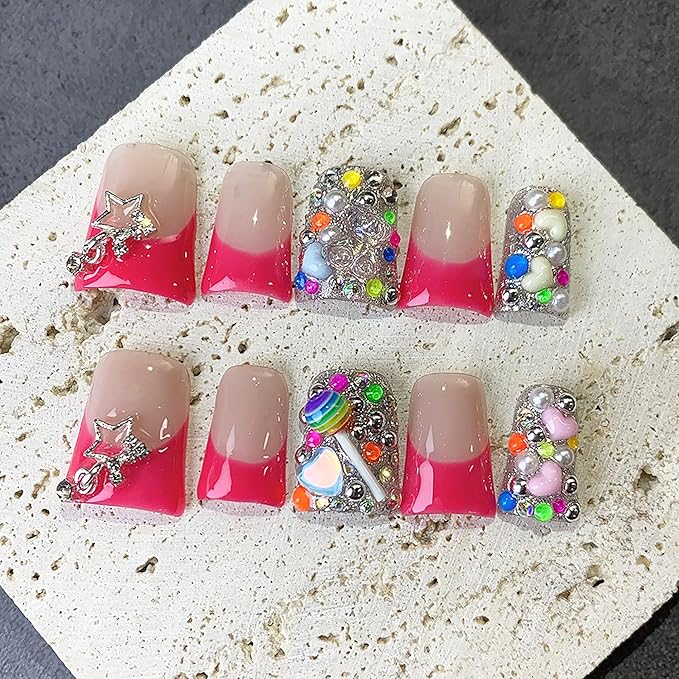 Duck Press on Nails Medium Luxury Handmade Fake Nails Red French Tip False Nails with Glue Charms Design Muti-Layer Gel Thick Press ons Nail Reusable Nail for Women 10Pcs (Size M)