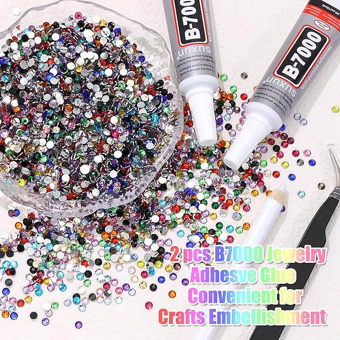 RODAKY 30000PCS Rhinestone for Bedazzling 3MM Flatback Crystals Jewels Resin Gems for Crafting 2PCS 10ml B7000 Glue Tweezer Rhinestones Kit for DIY Design Face Makeup Clothing Nail Art
