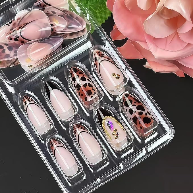 French Tip Leopard Print Press on Nails Medium Almond False Nails with Gold Design Fake Nails Black French Tips Glossy Artificial Nails Gold Beads Full Cover Stick on Nail for Women Manicure 24Pcs