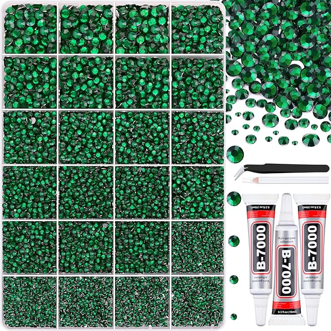 30000Pcs Resin Rhinestones with Tweezers for Crafting, Emerald Green Flatback Gems, Bedazzling Crystal with 3Pcs 10ml B7000 Jewelry Glue for DIY Crafts Clothing Tumblers Shoes Fabric Nail Art