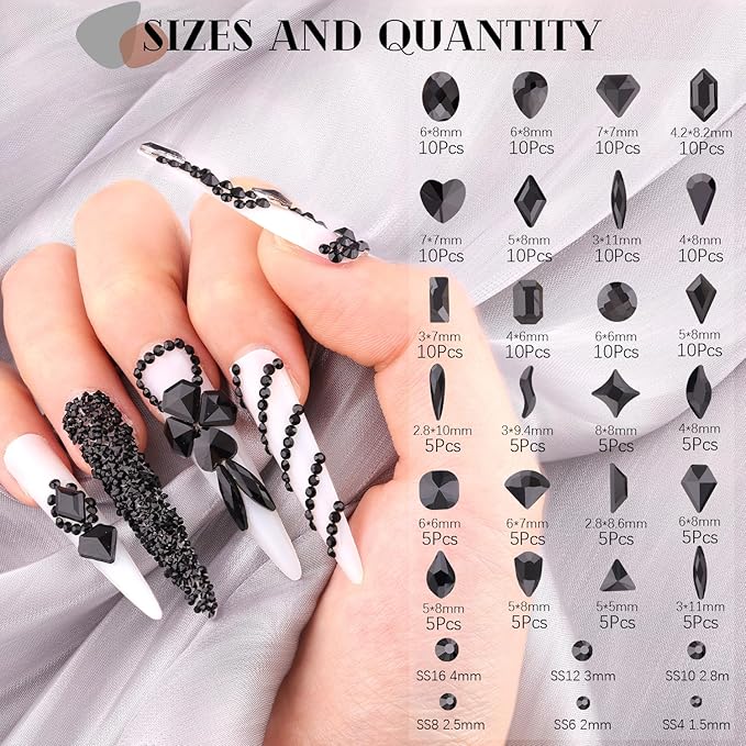 1680Pcs Black Glass Nail Rhinestones 180Pcs Multi Shapes Flatback Nail Gems + 1500Pcs 1.5-4mm Round Crystal, Manicure Nail Charms Diamond Gemstones for Acrylic Nails Decoration