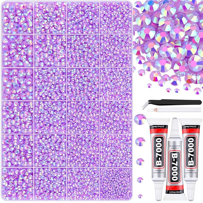 30000Pcs Resin Lavender Purple AB Rhinestones for Bedazzling Crafting with b7000 Jewelry Glue, Bulk Flatback Gems Bedazzler Kit for Crafts Clothes Fabric Nail Diamond Art, Assorted Size 2/3/4/5/6mm