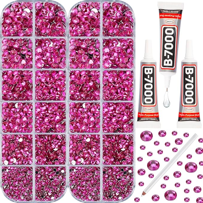 11000Pcs Hot Pink 2/3/4/5mm Flatback Rhinestones with Glue for Bedazzling Crafting Clothing Clothes Crafts Shoes Nail Art, Resin Flat Back Gems Crystals Diamonds Gemstones Jewels Stones Kit