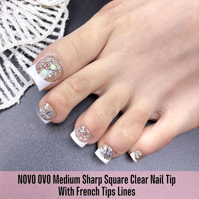 NOVO OVO Clear Press on Toenails, Toe Nail Press ons for Women, White French Tip Sharp Square Pre-Designed Soft Gel Thick False Toenail Extension, Full Cover Acrylic for DIY x 15 Sizes 150 pcs