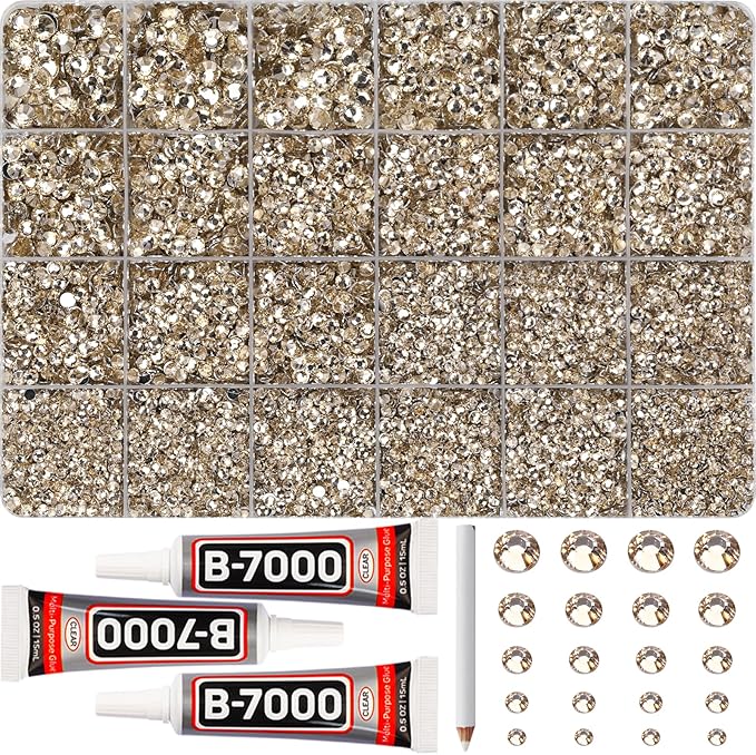 31000Pcs Champagne Resin Rhinestones Bedazzling, 2-6mm Mixed Sizes Tan Bedazzle Gems, Rose Gold Flatback Bedazzled Diamonds Jewels Crystals with B7000 Glue for Crafts Crafting Clothes