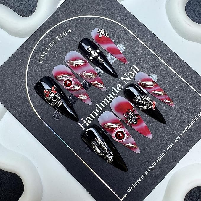 100% 5D Handmade Press on Nails Halloween Nails Balck Long Stiletto Nails Press ons Gothic False Nails with Skeleton Evil Eye Spider Charms Fake Nails for Women Girls Daily Wear DIY Manicure Size L