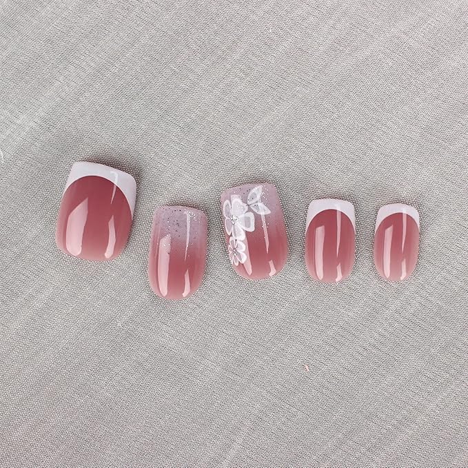 Short Square Press On Nails White Nude Gradient False Nails with White Silver Flowers Acrylic Press in Nails Gel Stick On Nails Set Glue on Nail for Women & Girls 24Pcs