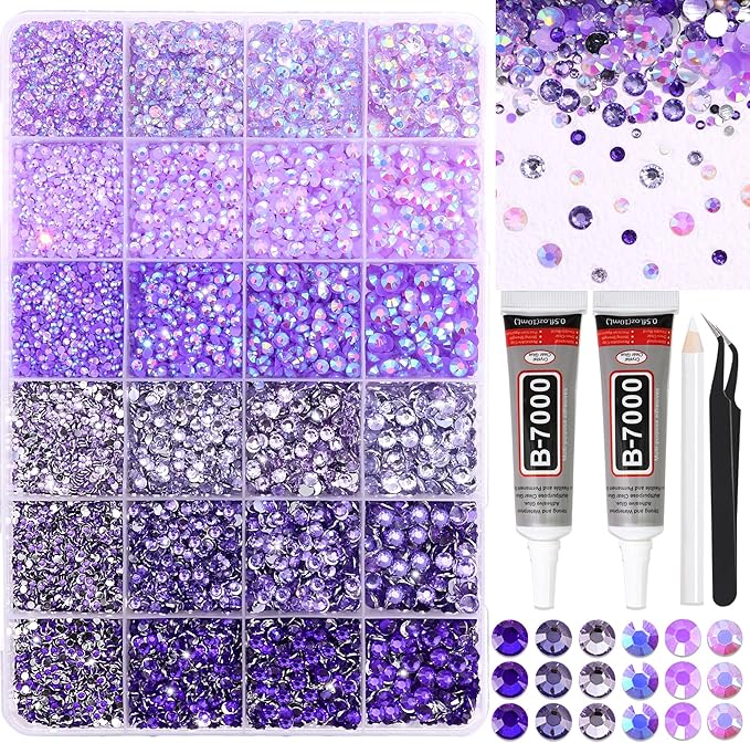 RODAKY 30000PCS Purple Resin Rhinestone Mixed Size AB Rhinestones Bedazzling Kit with 2PCS 10ml B7000 Jewelry Glue Tweezers Pen Making Kit for DIY Craft Clothing Shoes Nail Decor