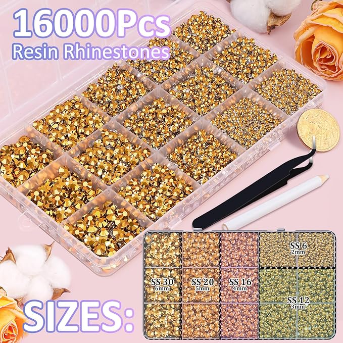 16000Pcs Resin Rhinestones for Crafting, Gold Non Hotfix Flatback Gems, Bedazzling Crystal with 3Pcs 10ml B7000 Jewelry Glue for DIY Crafts Clothing Tumblers Shoes Fabric Nail Art