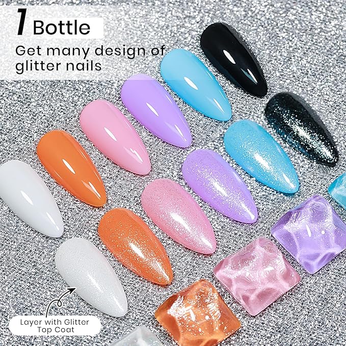MIZHSE Silver Glitter Gel Polish, Silver Iridescent Gel Polish Glitter 2-in-1 Sparkly Long Lasting Soak Off, for Nail Art Home DIY 12mL