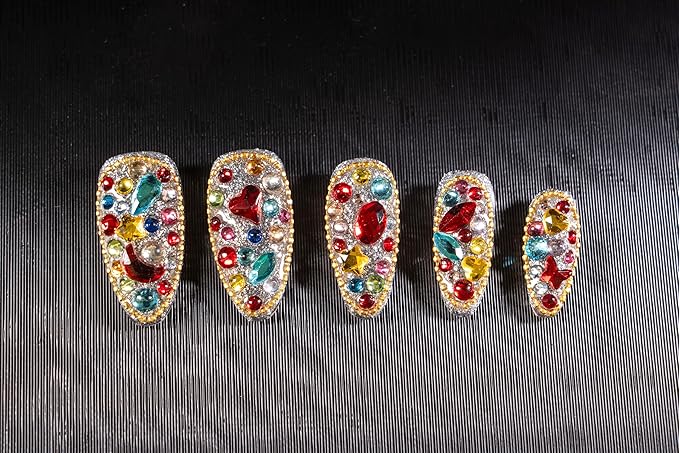 24Pcs Handmade Press on Nails, Bling Rhinestones Medium Length Almond Shape Fake Nails with Colorfull Design,Cute Manicure Kit for Women and Girls
