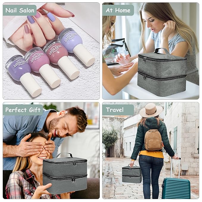 Nail Polish Organizer Case, Large Nail Varnish Storage Carrying Bag, Double Layer Portable Makeup Box Holds 30 Bottles, for Nail Dryer lamp, Nail Art Tools Accessories (Grey), Grey