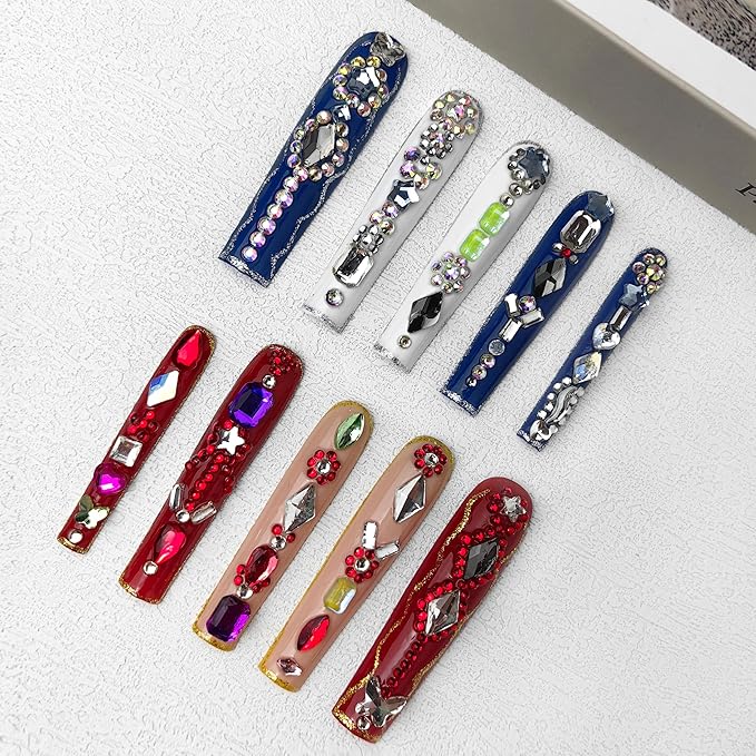 2025 Long Handmade PMMA Acrylic Nails with Multi-Color Strap Stars Rhinestones Butterfly Design Reusable Full Coverage False Nails Ladies False Nail Set (Lucky, Medium)