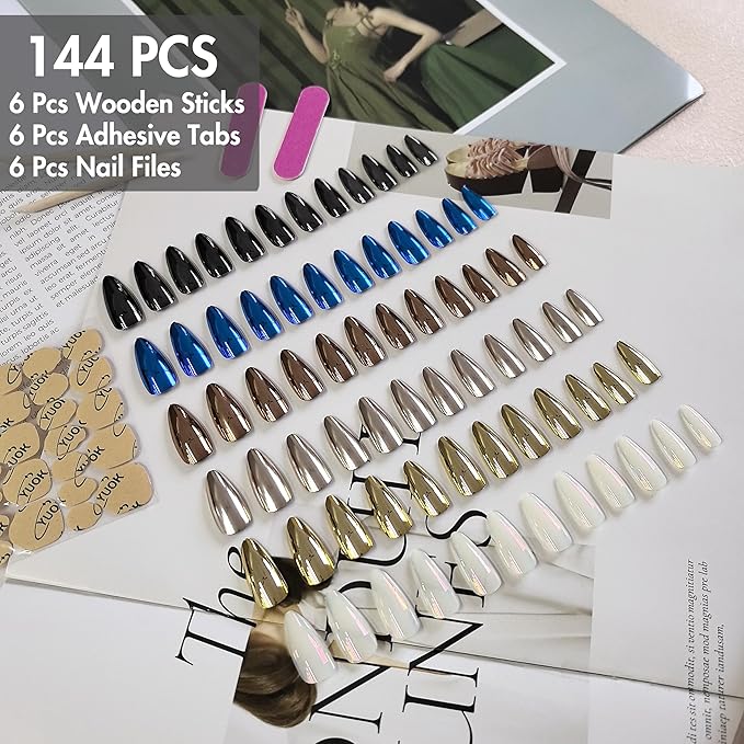 6 Pack Chrome Press On Nails Almond, KQueenest Acrylic Press On Nails Medium Stiletto, Glitter Metallic Fake Nails Press Ons Design, Cute Glazed Glue On Nails for Women Gift 144 Pcs