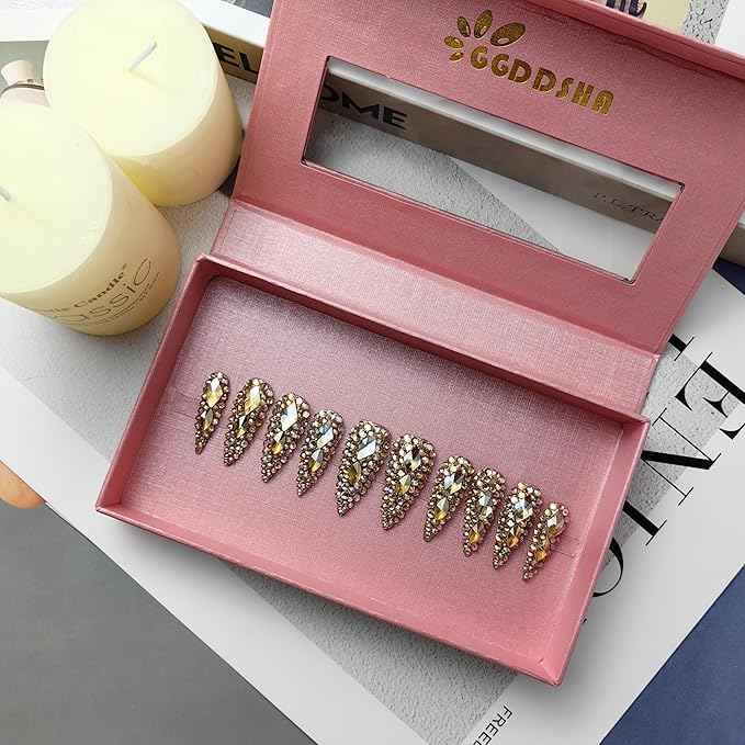 2025 New Full Diamond Medium Almond Press on Nails Reusable PMMA Acrylic Handmade Nails Full Deluxe 3D Crystal Fake Nails w/Box Gift for Women (Gold, Short)