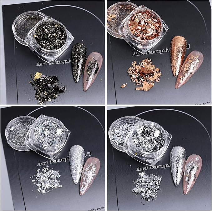 8 Bottles Gold Flakes Nail Glitter Foils Metallic Gold Silver Black Rose Golden Foil Nail Sequins 3D Irregular Ultra-Thin Aluminum Nail Art Flakes Designs Shiny Gold Leaf for Nails Decoration