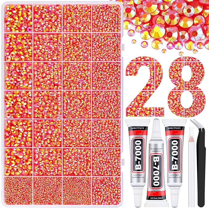 30000Pcs Resin Rhinestones for Bedazzling with Tweezers, Red AB Rhinestones for Crafting with 3Pcs 10ml B7000 Jewelry Glue for DIY Crafts Clothing Tumblers Shoes Fabric Nail Art