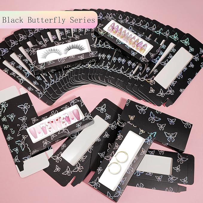 74PCS Press on Nails Packaging Box Set Includes 35PCS Empty Nail Package Box 35PCS White Background Paper 1 Double Sided Tape and 3 Thank You Stickers for Press on Nail Business