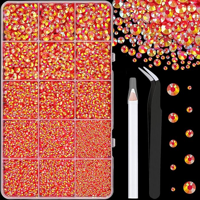 16000Pcs Resin Jelly Rhinestones with Tweezers for Crafting, Red AB 2-6mm Mixed Sizes Flatback Gems, Bedazzling Crystal for DIY Crafts Clothing Tumblers Mugs Shoes Fabric Nail Art