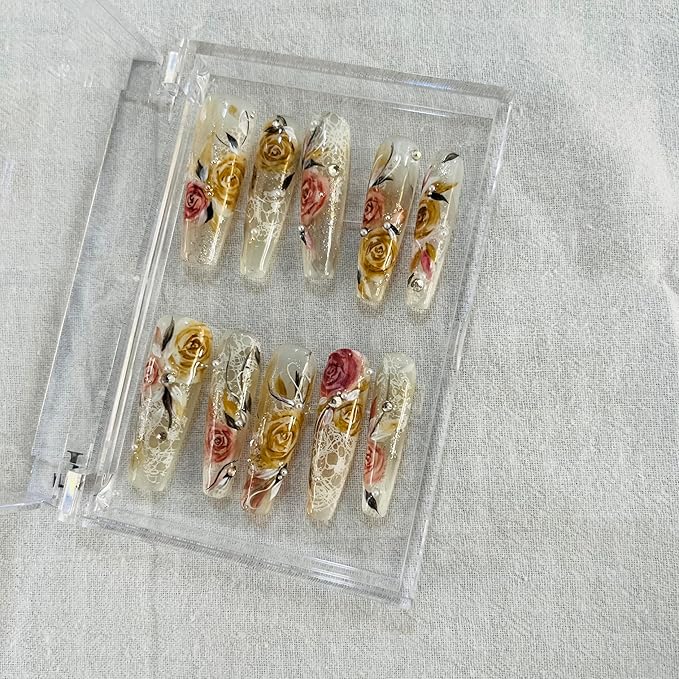 Press on Nails Handmade Nails 10Pcs Oil Painting Style Hand-painted Van Gogh Starry Night Manual Press on Nails for Women Party Holiday Photo 40mm Long Size S