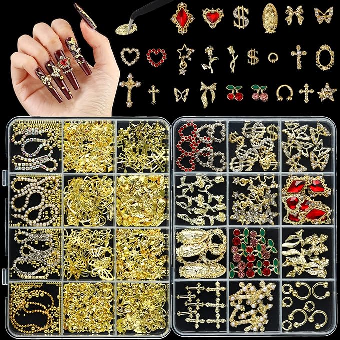 Gold Nail Charms and Gems Set, 4 Boxes DIY Nail Decorations Kit, Gold 3D Cross Flowers Nail Art Charms, Champagne Rhinestones Gems Charms Y2K for Nails, Cool Punk Style Nail Charms