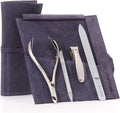 GERMANIKURE 4pc Manicure Set in Purple Suede Case - FINOX Stainless Steel Tools Made in Germany, Glass Nail Care Supplies Made in Czech Republic – Professional Cuticle and Nail Care Kit