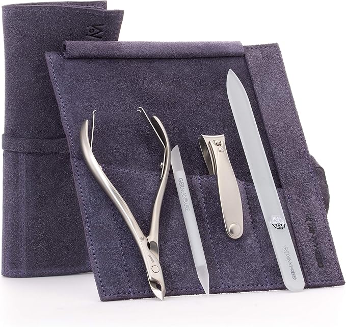 GERMANIKURE 4pc Manicure Set in Purple Suede Case - FINOX Stainless Steel Tools Made in Germany, Glass Nail Care Supplies Made in Czech Republic – Professional Cuticle and Nail Care Kit