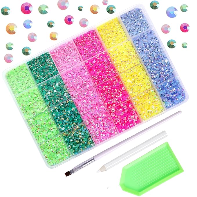 30000PCS Resin Flatback Rhinestones Kit, Jelly Resin Non-Hotfix Rhinestones for Crafts DIY Design, Tumblers, Clothes, Makeup, Nail Art 2mm, 3mm, 4mm, 5mm (Pink Green Rhinestones)