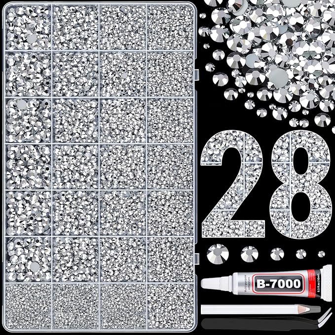 30000Pcs Resin Rhinestones for Bedazzling with B7000 Jewelry Glue, Silver Flatback Gems Rhinestones for Crafting, Clothing Tumblers Mugs Shoes Fabric Decor Nail Art