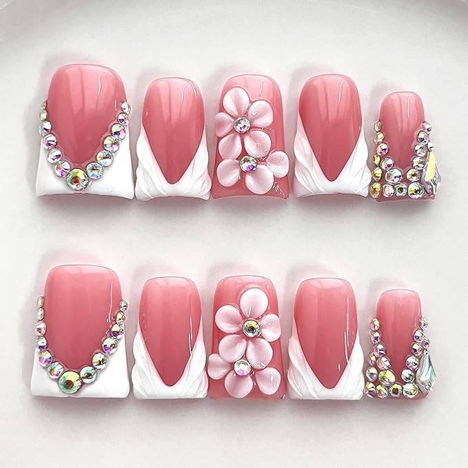 Luxury Press on Nails Short Duck Handmade 3D Unique Reusable ABS Material Fake Nails French Tip False Nails with Designs Flower Rhinestones White Glossy Glue on Nail Thick Acrylic Nail(S)