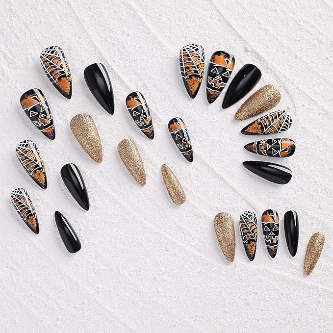 Morily Halloween Press on Nails 24Pcs Black Stiletto Fake Nails Medium Length with Pumpkin Spider Web Design Acrylic Artificial Glossy Almond Stick on False Nails for Women (Black Cobweb Gold Glitter)