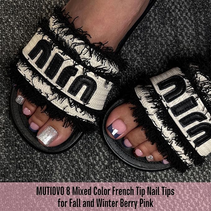8 MIXED WINTER COLOR French Tip Toe Nail Tips Press on, BERRY PINK Sharp Square Medium Wide Fake Toenails, Full Cover Acrylic,Builder Gel & Top Coat,Need Nail Glue,for DIY x 15 Sizes 240 pcs