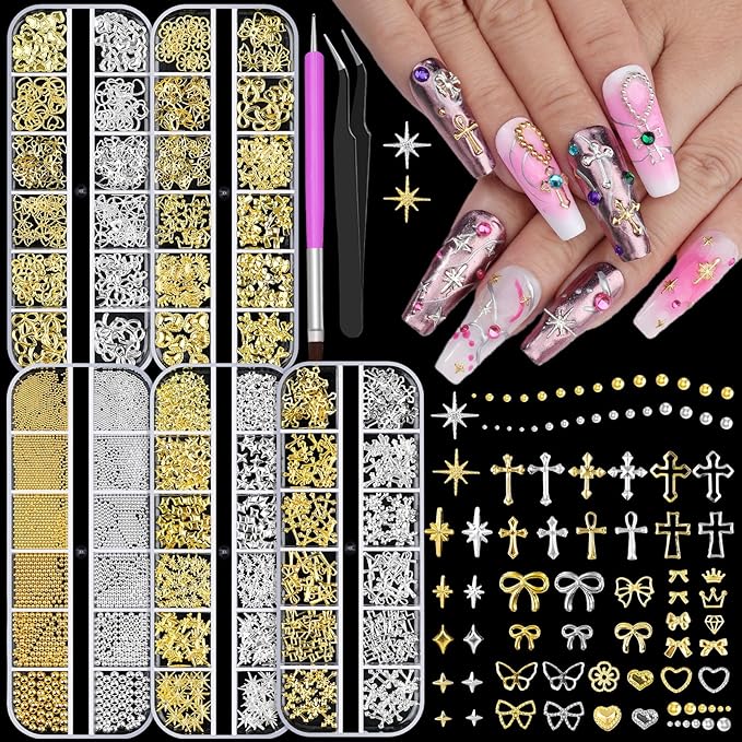 5 Boxes Gold and Silver Nail Charms, 3D Star Cross Nail Charms, Gold Silver Metal Nail Art Decoration, Bow Heart Butterfly Crown Caviar Beads Nails Studs with Pickup Tools for Nails Design DIY Craft