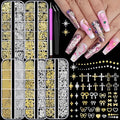 5 Boxes Gold and Silver Nail Charms, 3D Star Cross Nail Charms, Gold Silver Metal Nail Art Decoration, Bow Heart Butterfly Crown Caviar Beads Nails Studs with Pickup Tools for Nails Design DIY Craft