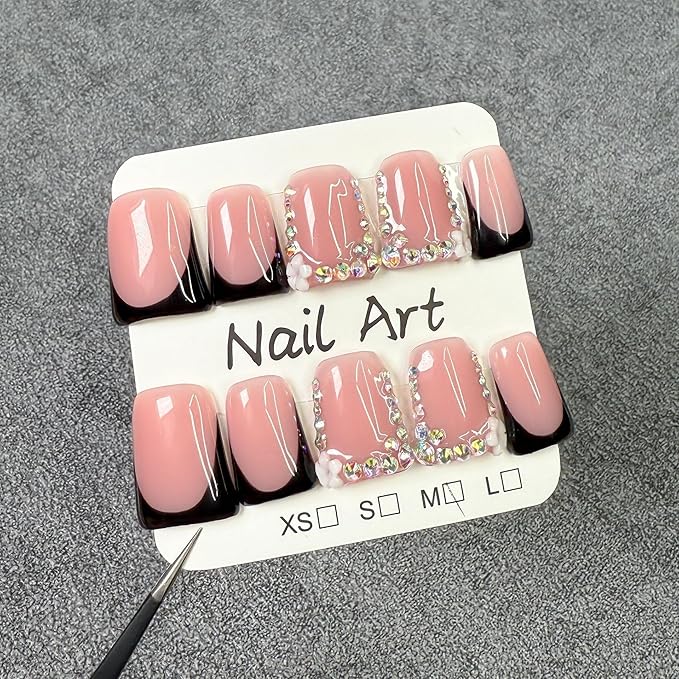 Handmade Press on Nails Muti-Layer Gel Acrylic Nail Short Duck Black French Tip Fake Nails Flower & Rhinestones Designs Luxury Handmade False Nail Art Full Cover Thickened Stick on Nails for Women (S)