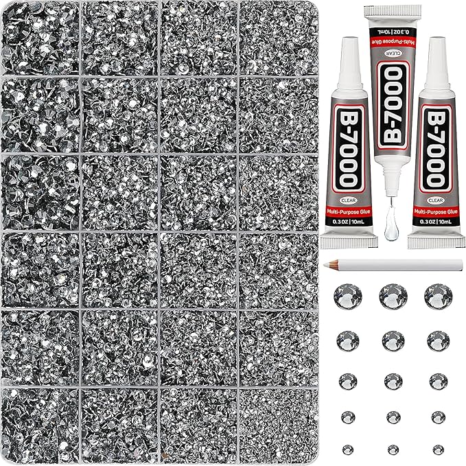 33000Pcs Grey Rhinestones for Bedazzling, Bedazzler Kit with Flatback Craft Rhinestones Gray Bulk and B7000 Glue, 2,3,4,5,6mm Resin Flat Back Crystals for Craftings, Crafts, Clothes, Shoes, Nails